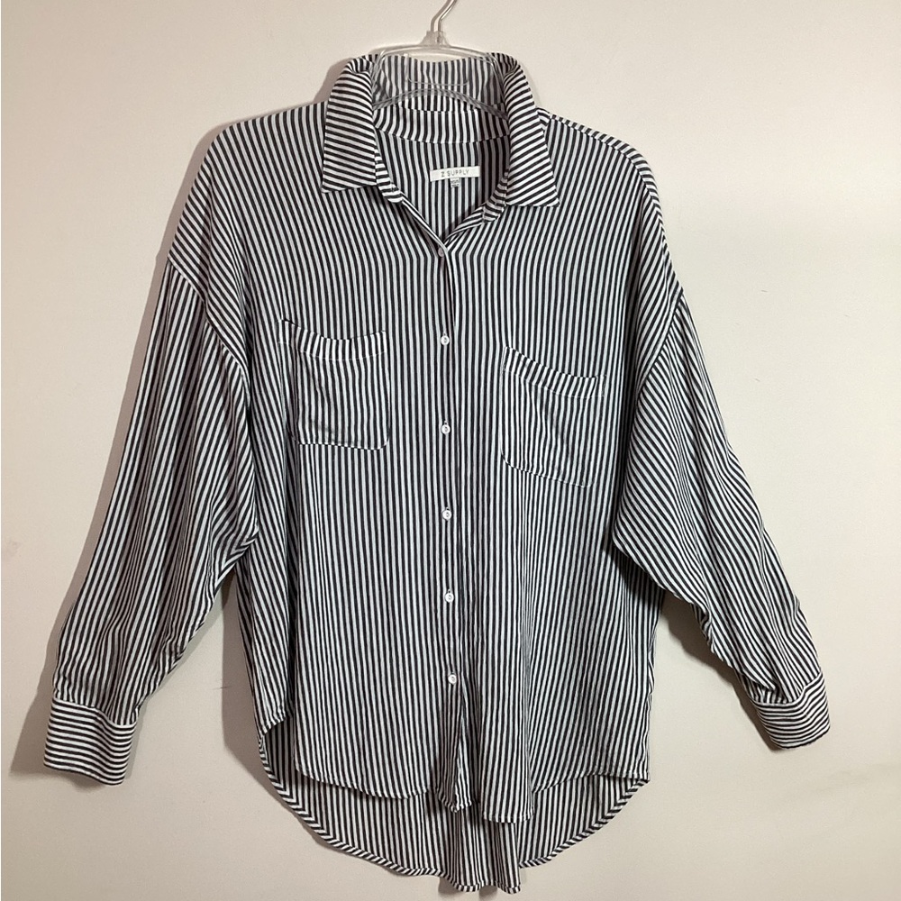 Vintage Z Supply Oversized Boyfriend Shirt XS S Black White Striped Rayon Tunic